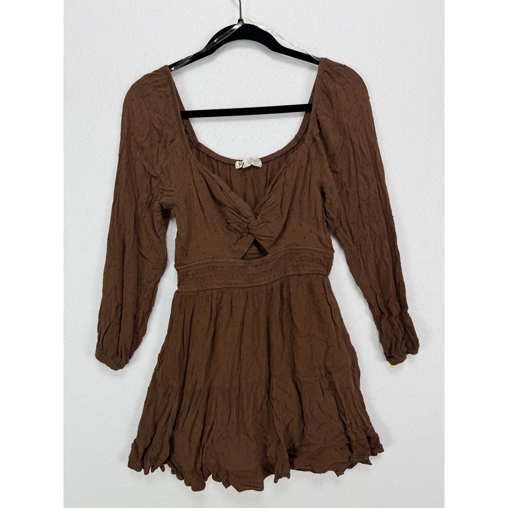 Jolt Boho Swiss Dot Twist Front Cut Out Boho Mini Dress chocolate brown Women M